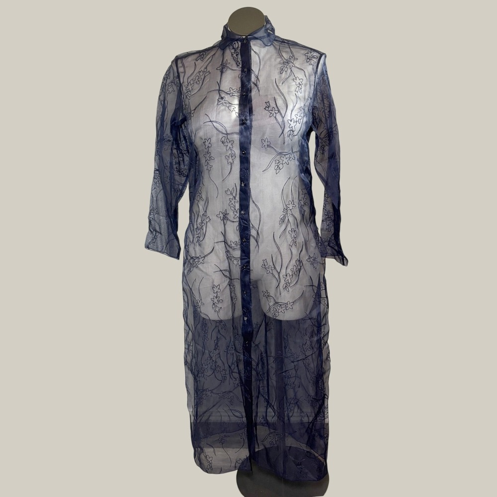 Dana Buchman Duster Cardigan 2 Navy Silk Romantic Sheer Embroidered Whimsigoth